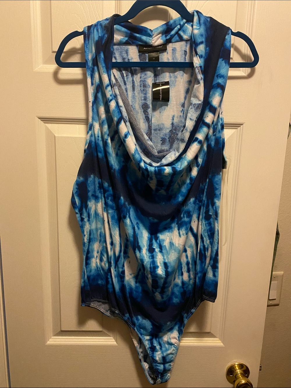 Ashley Stewart Blue Tie-Dye Cowl Neck Bodysuit